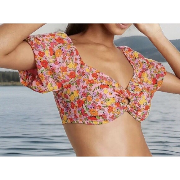 Wild Fable Crop Top XXL Puff Sleeve Back Lace Up Keyhole Pink Floral 2XL‎ NWT - Picture 1 of 6